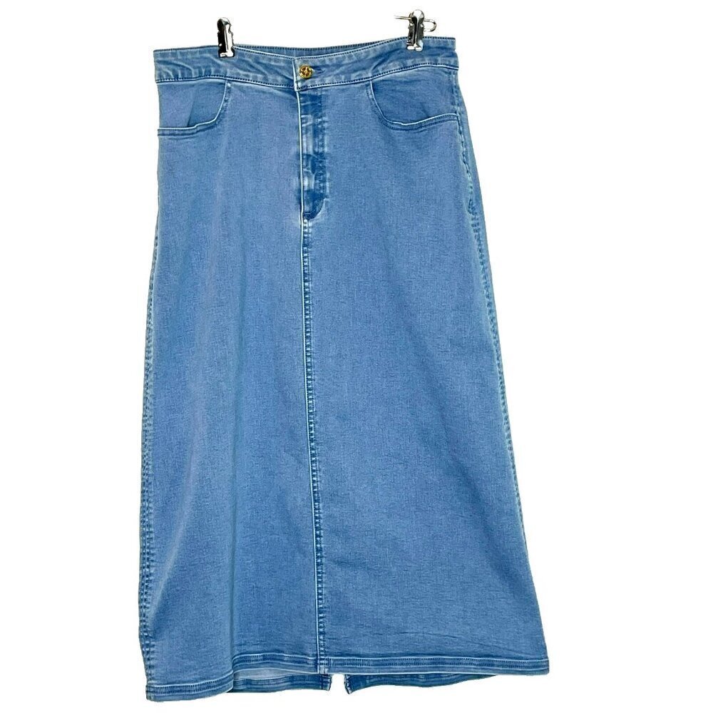 Iman Denim Midi Skirt sz 10 Stretch Pockets Slit Y2K Modest